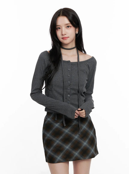 crop-cardigan-with-neck-strap-co523 / Dark gray