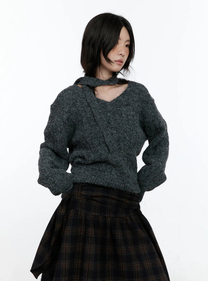 v-neck-knit-sweater-and-tie-set-cn517 / Dark gray