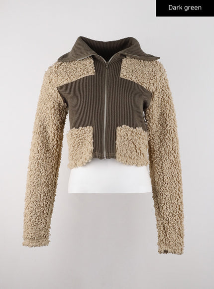 hooded-patchwork-faux-fur-zipper-cardigan-cd322 / Dark green