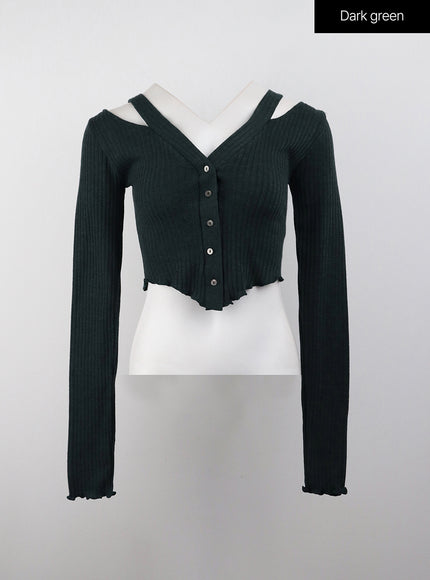 cut-out-buttoned-long-sleeve-crop-top-cj408 / Dark green