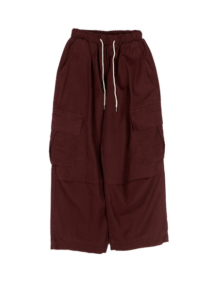 banded-wide-leg-cargo-pants-co520 / Dark red