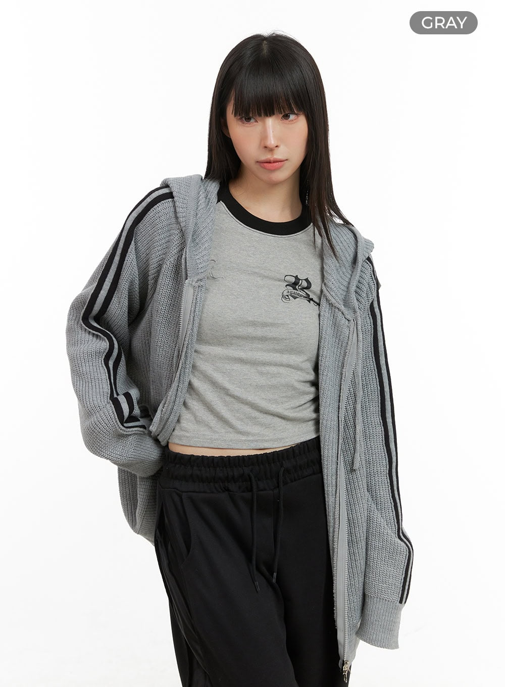 side-stripe-knit-sweater-jacket-cg420 / Gray