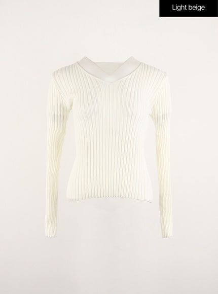 v-neck-wool-rib-sweater-od315 / Light beige