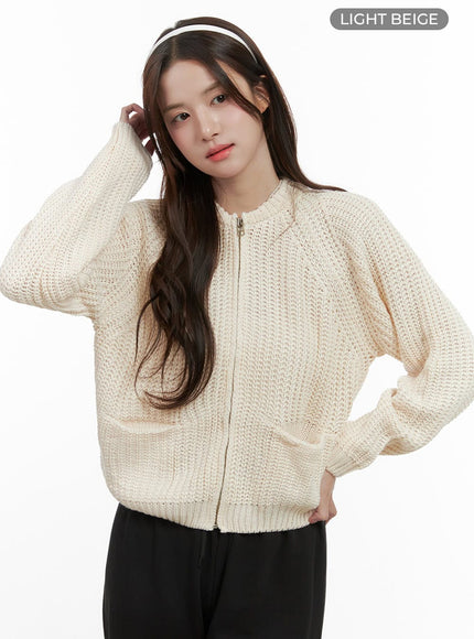 warm-knit-zip-up-cardigan-os416 / Light beige