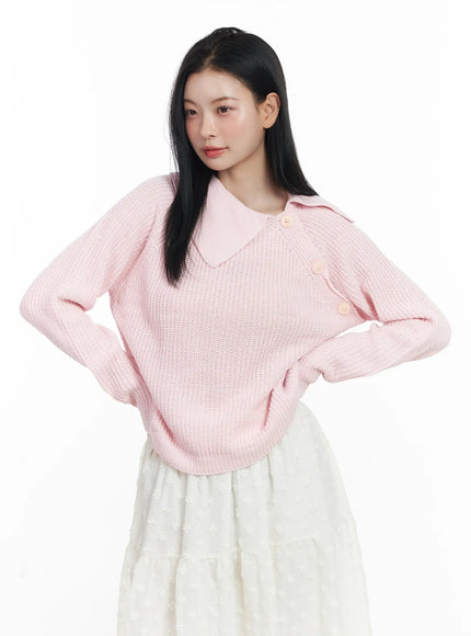 diagonal-button-collar-knit-top-cj519 / Light pink
