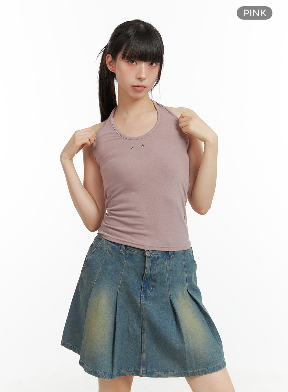 stud-halter-neck-crop-top-cl422 / Pink