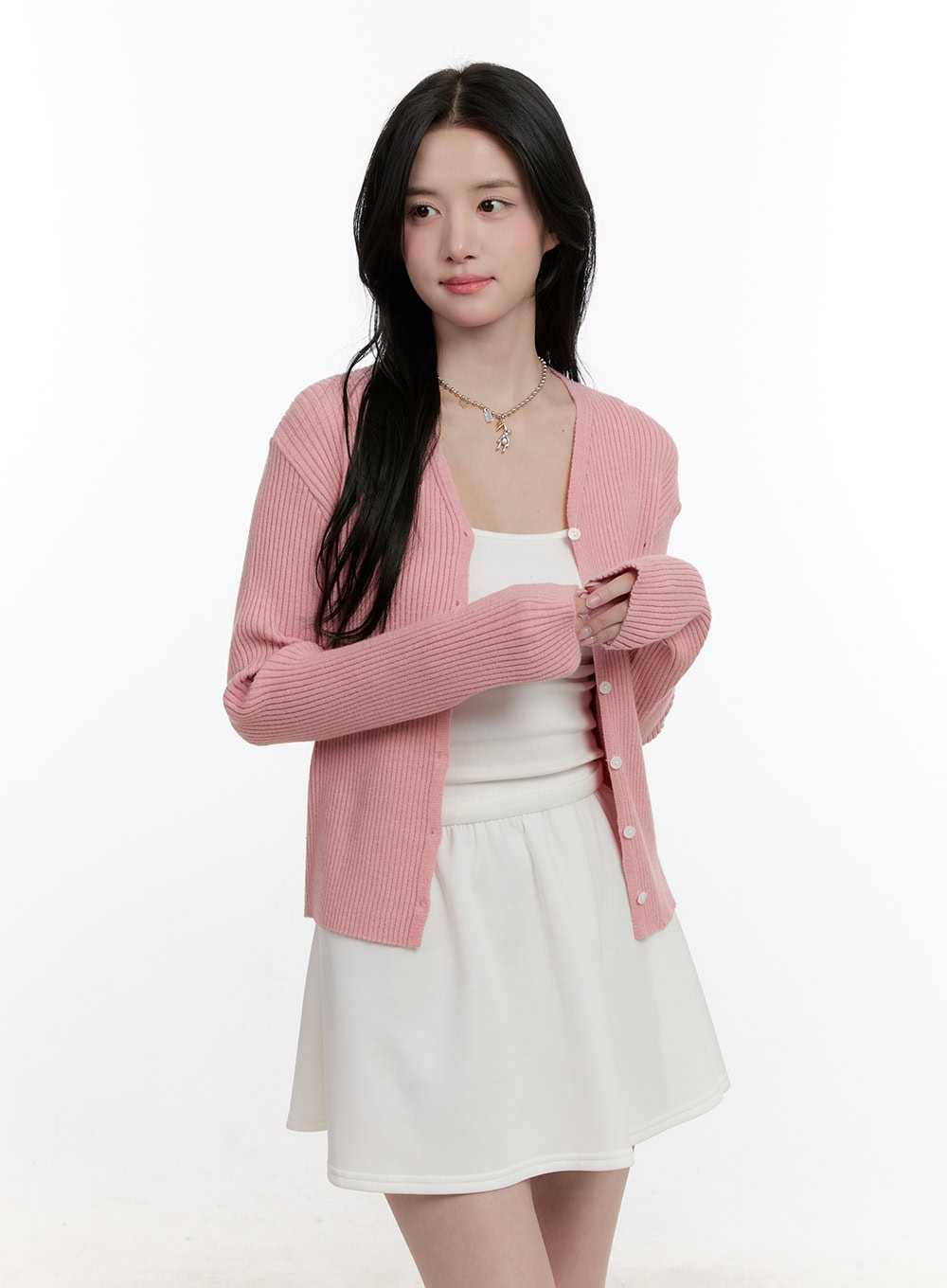 ribbed-slim-fit-buttoned-cardigan-cf528 / Pink