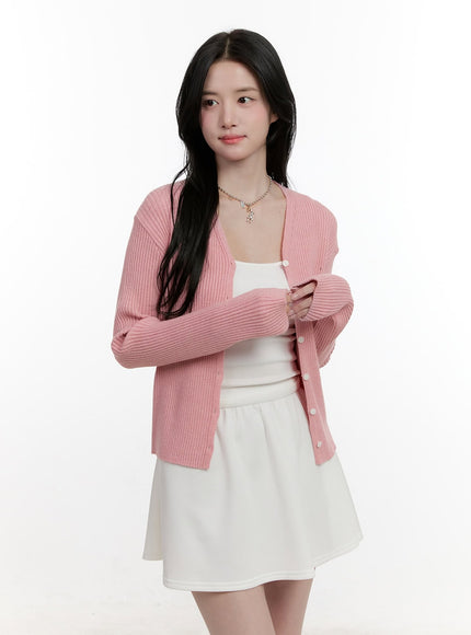 ribbed-slim-fit-buttoned-cardigan-cf528 / Pink