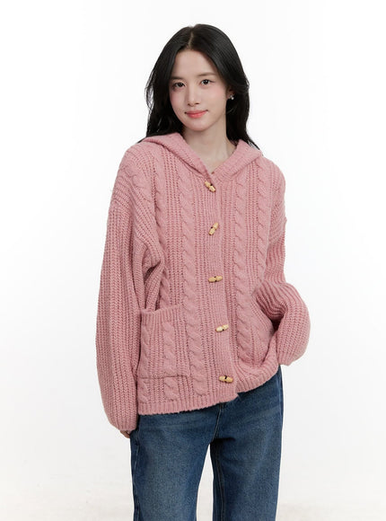 oversized-cable-knit-hooded-cardigan-cf527 / Pink