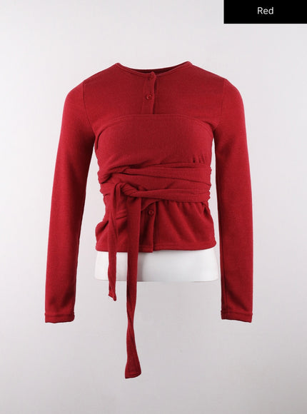 back-wrap-button-long-sleeve-top-cd319 / Red