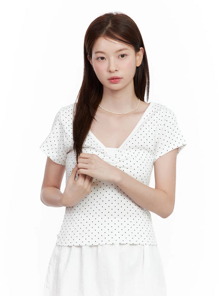 polka-dot-shirred-v-neck-top / White