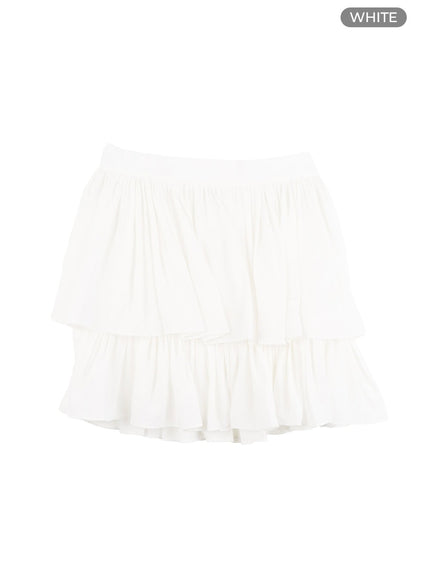 solid-ruched-ruffle-hem-mini-skirt-oy421 / White