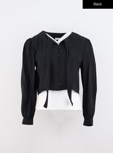 buttoned-tie-collared-blouse-oo327 / Black