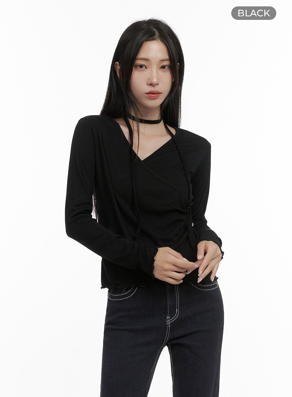 elegant-buttoned-wrap-long-sleeve-top-cs430 / Black