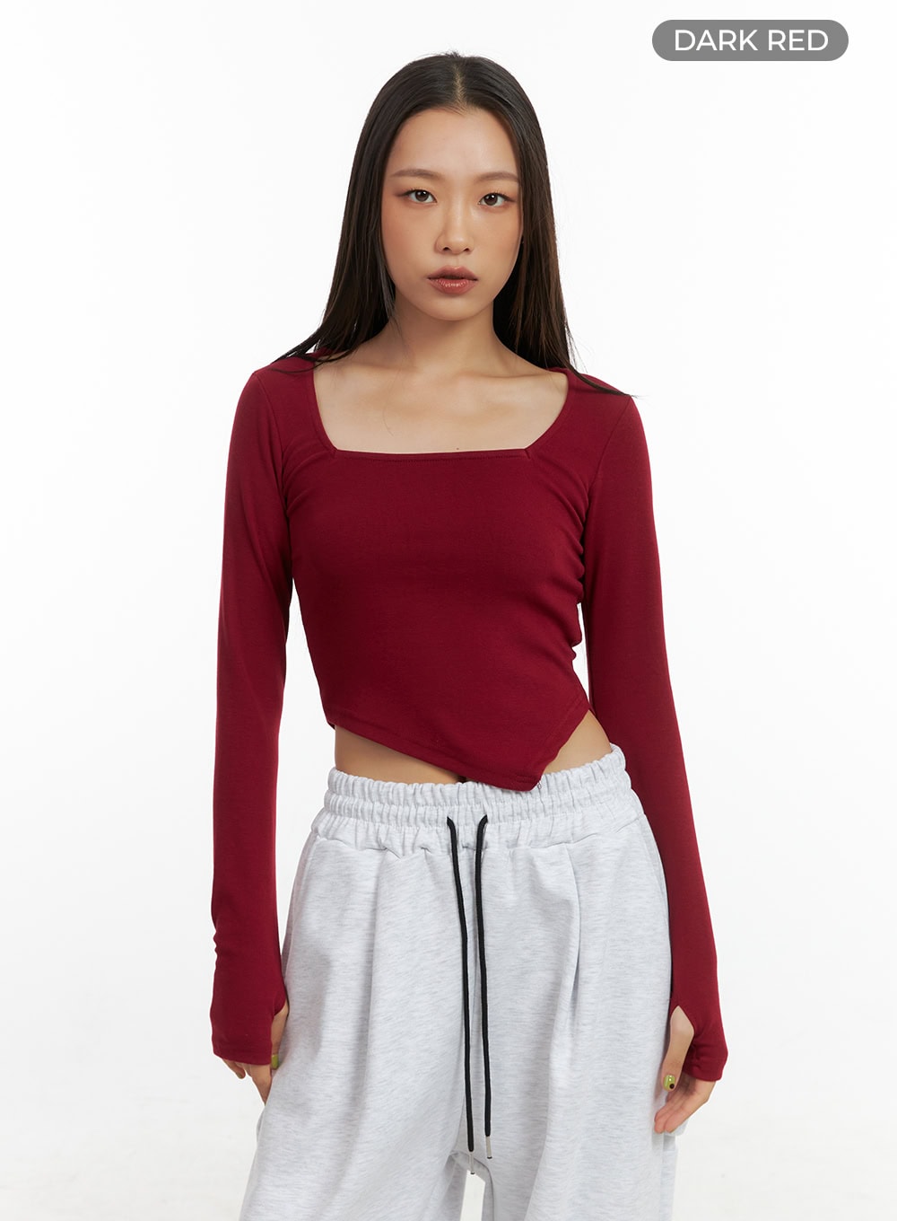 square-neck-unbalanced-crop-top-co424 / Dark red