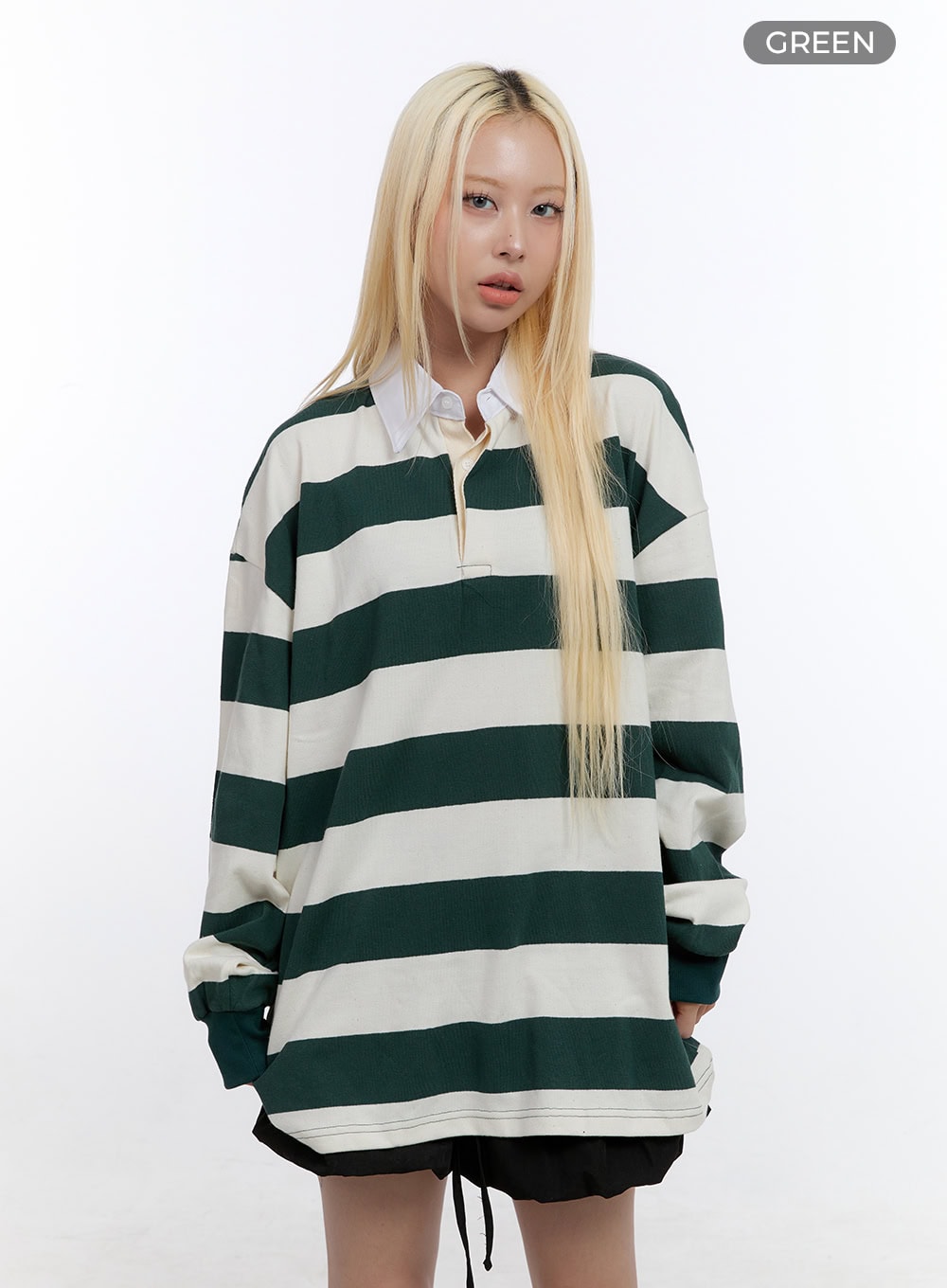 oversized-button-collared-stripe-shirt-co422 / Green