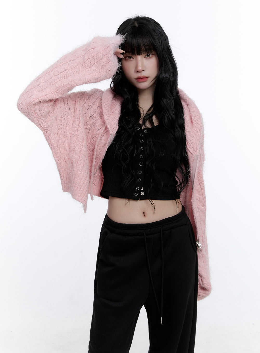 cable-knit-cropped-hooded-cardigan-cd419 / Light pink