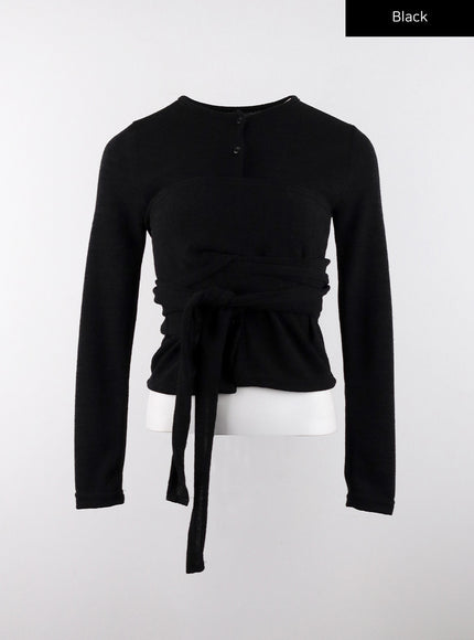 back-wrap-button-long-sleeve-top-cd319 / Black