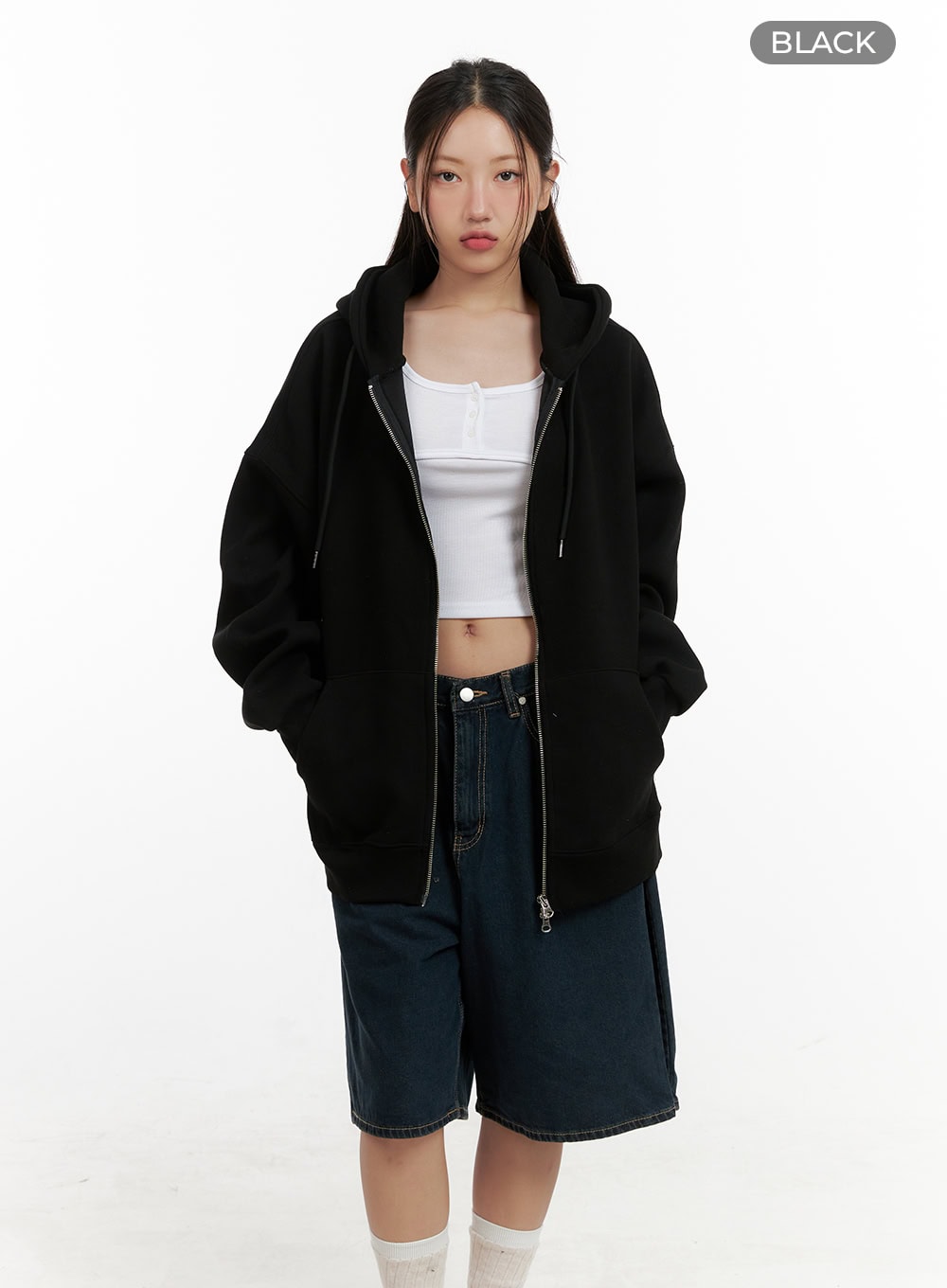 oversized-two-way-zip-up-sweat-hoodie-cl431 / Black