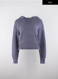 long-sleeve-solid-zipper-pocket-knit-hoodie-od320 / Blue