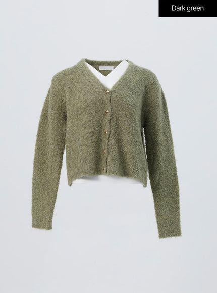 fuzzy-v-neck-cardigan-os326 / Dark green