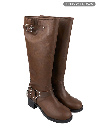 buckle-embellished-faux-leather-boots-co410 / Glossy brown