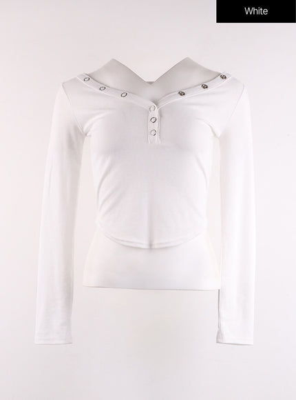 v-neck-button-long-sleeve-cf401 / White