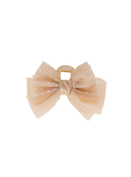 lace-beads-bow-claw-clip-f502 / Beige