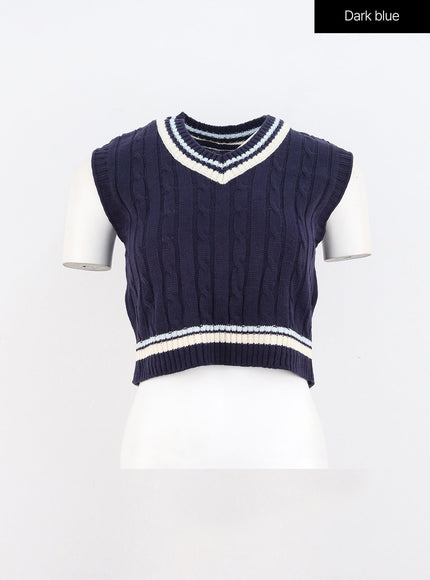 cable-v-neck-crop-vest-oo327 / Dark blue