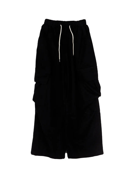 banded-wide-leg-cargo-pants-co520 / Black