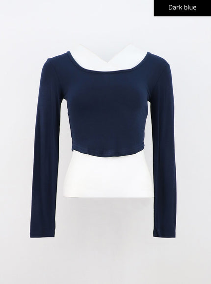 basic-u-neck-long-sleeve-crop-tee-cn303 / Dark blue