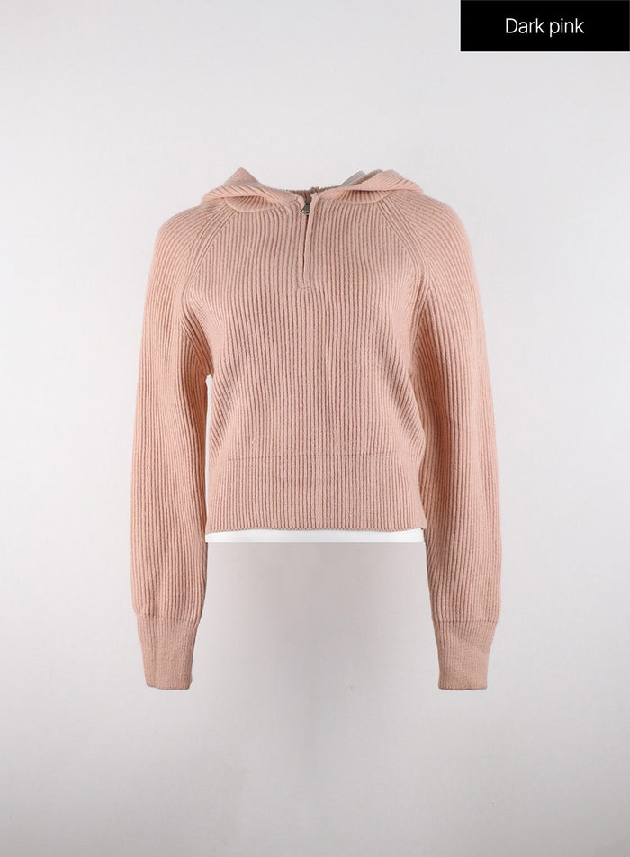 long-sleeve-solid-zipper-pocket-knit-hoodie-od320 / Dark pink