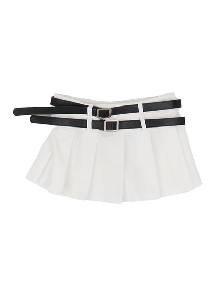 double-belt-pleated-mini-skirt-cu506 / White