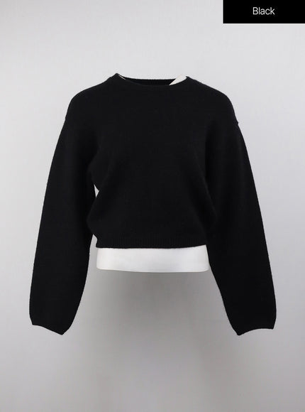 round-neck-knitted-long-sleeve-sweater-oj415 / Black