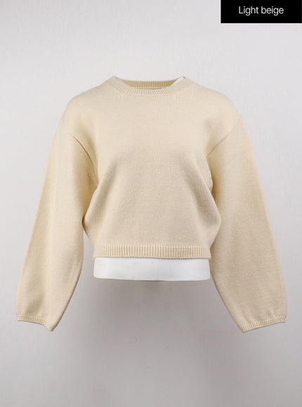 round-neck-knitted-long-sleeve-sweater-oj415 / Light beige
