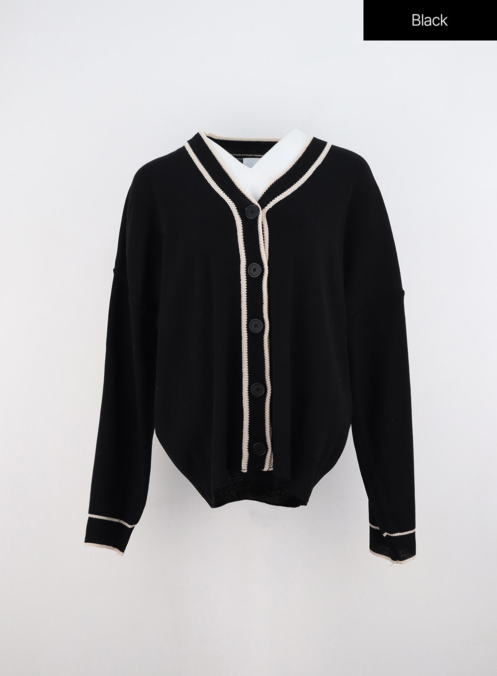 v-neck-loose-fit-long-sleeve-cardigan-oo323 / Black