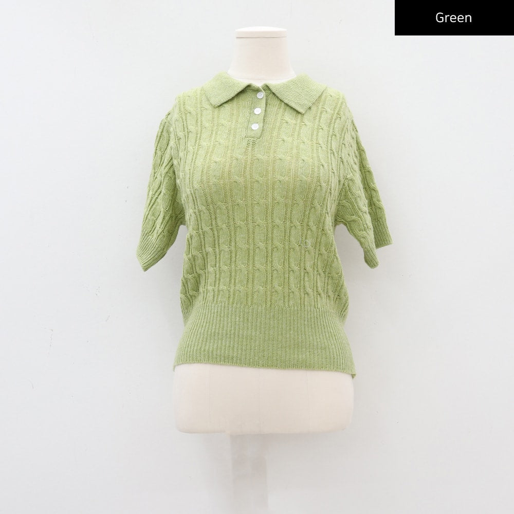 Cable Knit Collared Short-sleeve Sweater CA01