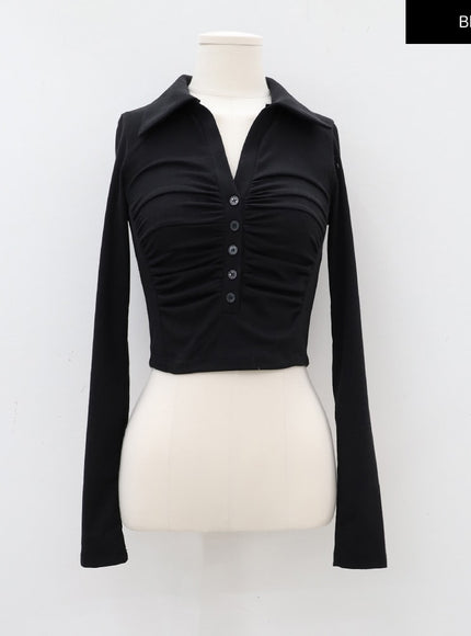 Open Collar Shirring Long-sleeve Top CA01