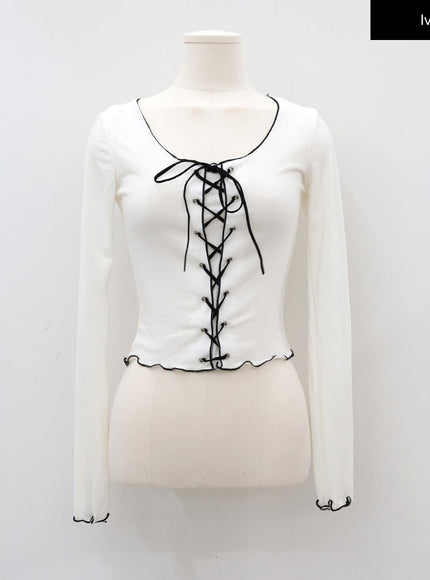 Cropped Long Sleeve Top with Front Lace Detail C1703