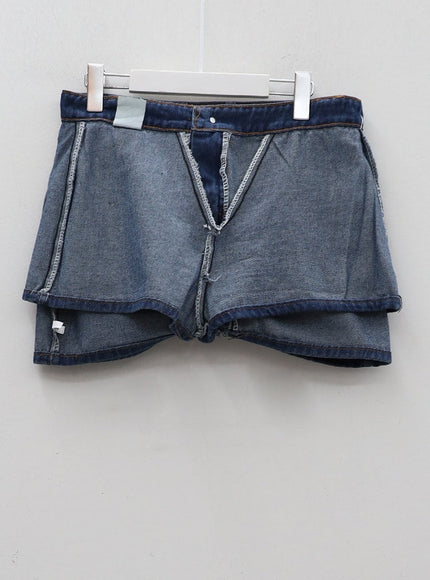 Low-Rise Bleached Denim Skorts and Belt Set CM02
