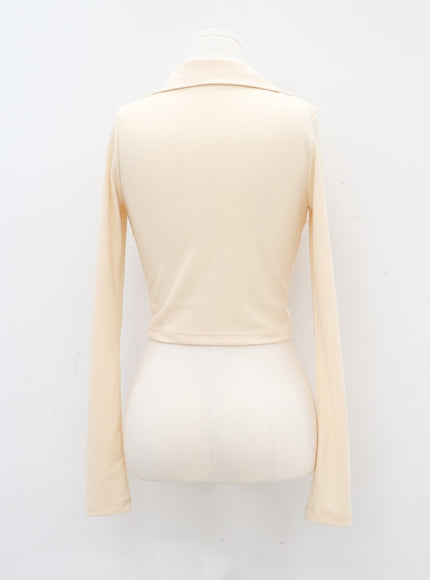 Open Collar Shirring Long-sleeve Top CA01