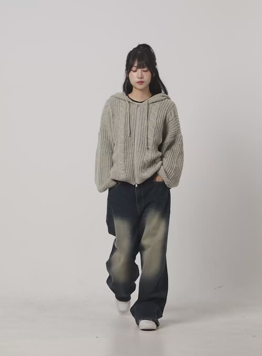 Oversized Cable Knit Zip-Up Hooded Sweater CG421 - Acubi