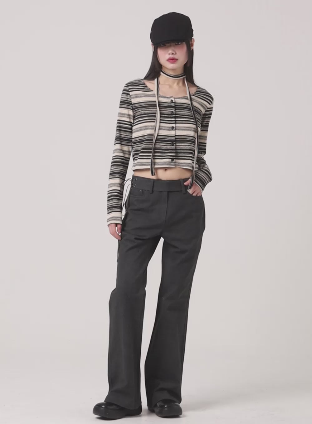 Striped Button Cardigan with Scarf CF423