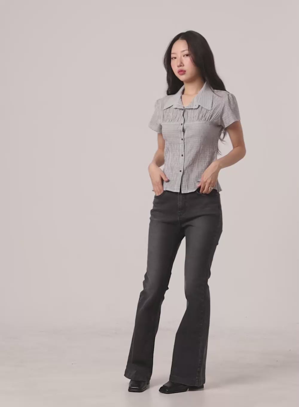 Gingham Buttoned Collar Short Sleeve Blouse CL410