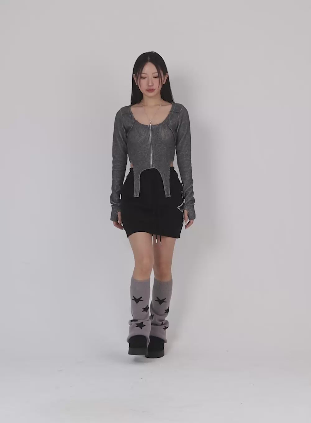 Solid Wool Blend Zip-Up Crop Top IJ402