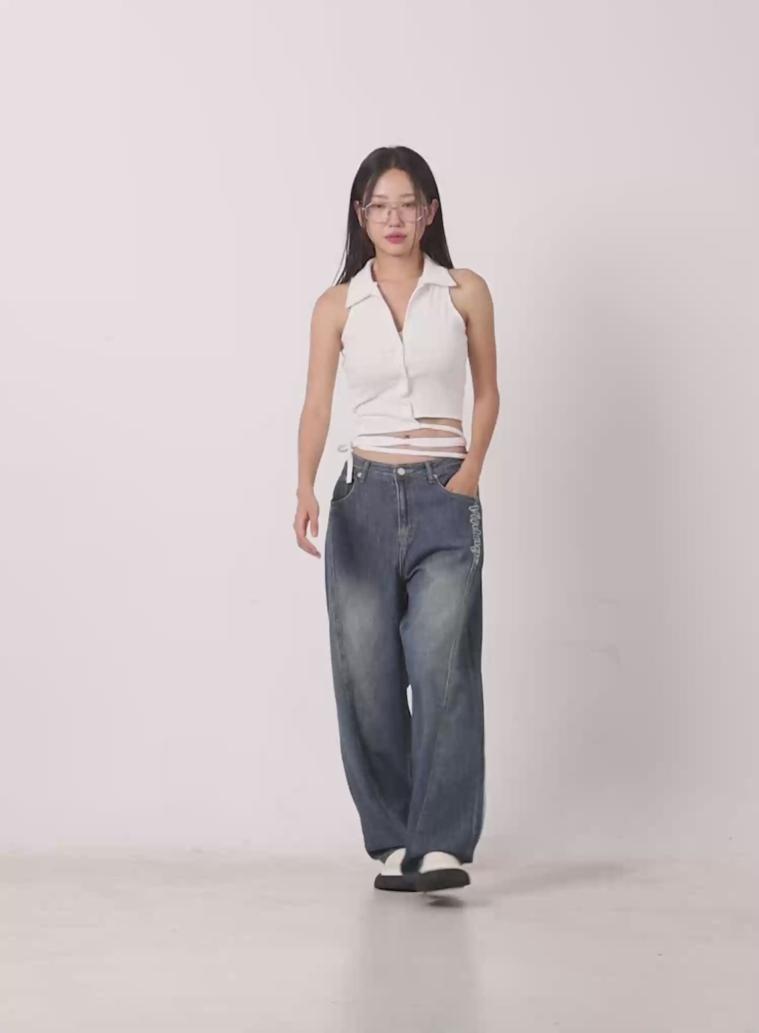 Asymmetric Buttoned Collared Tank Top CU527