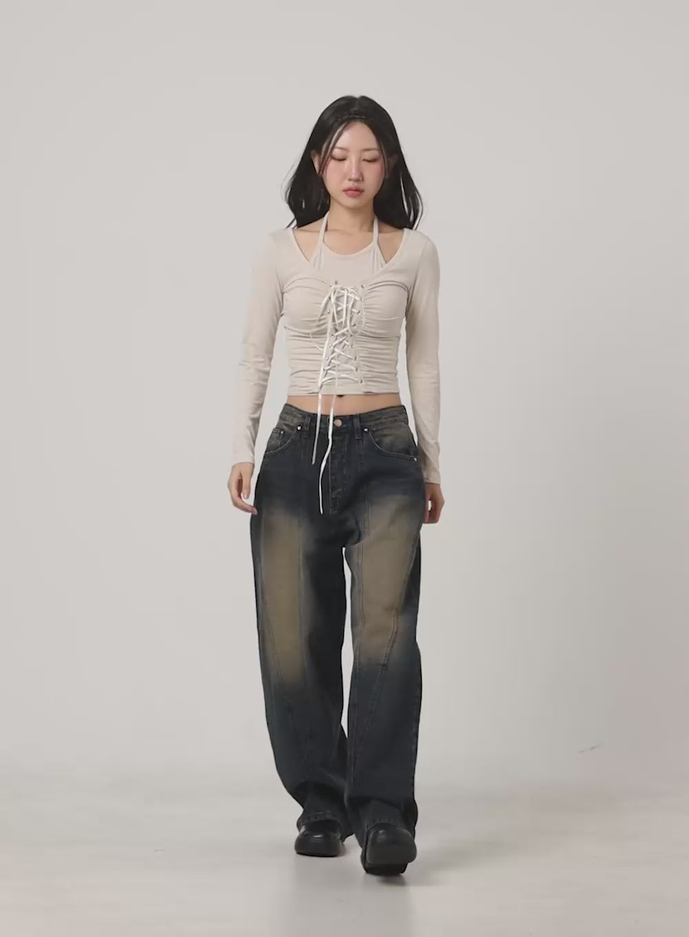 Cari Stitched Washed Denim Baggy Jeans CG413