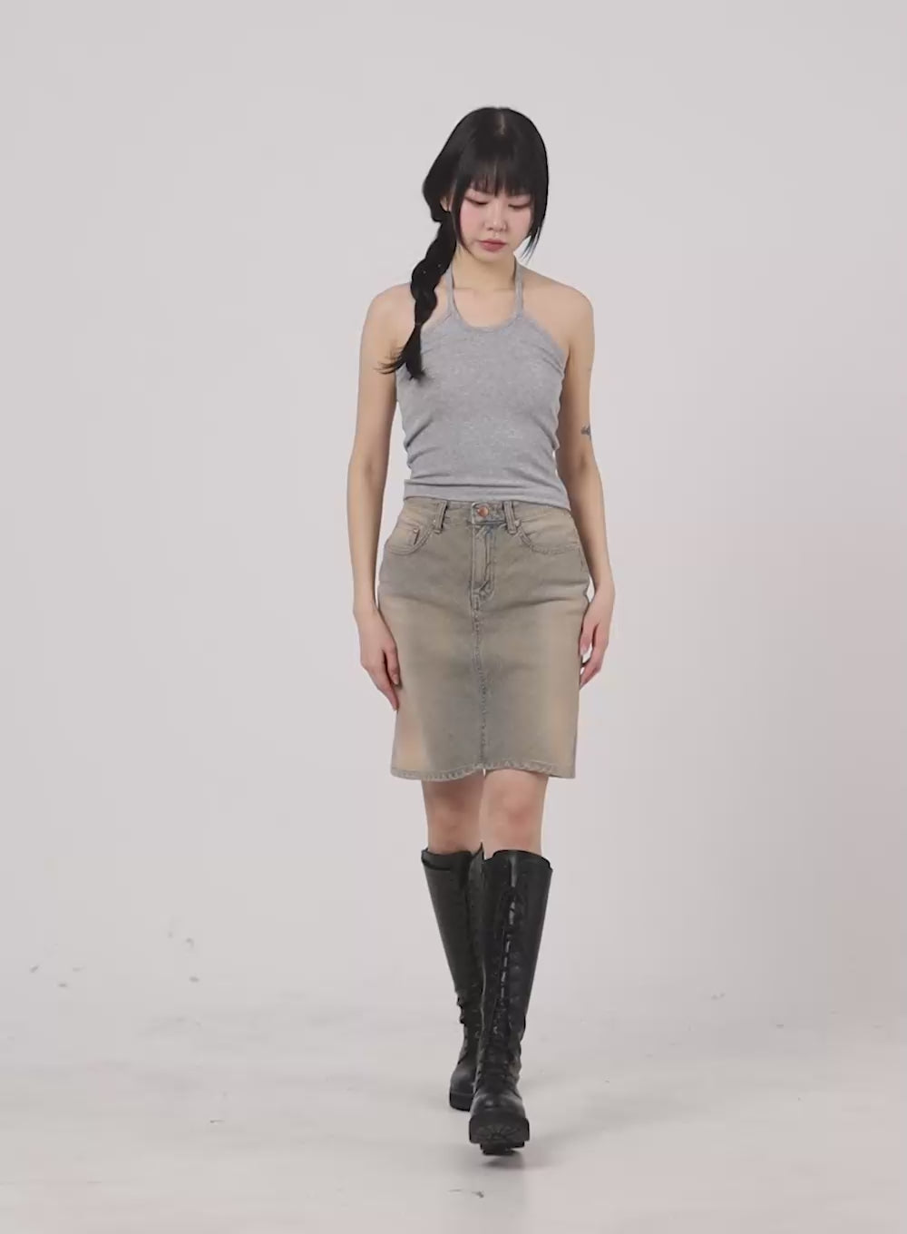 Vintage Washed Denim Midi Skirt CM429