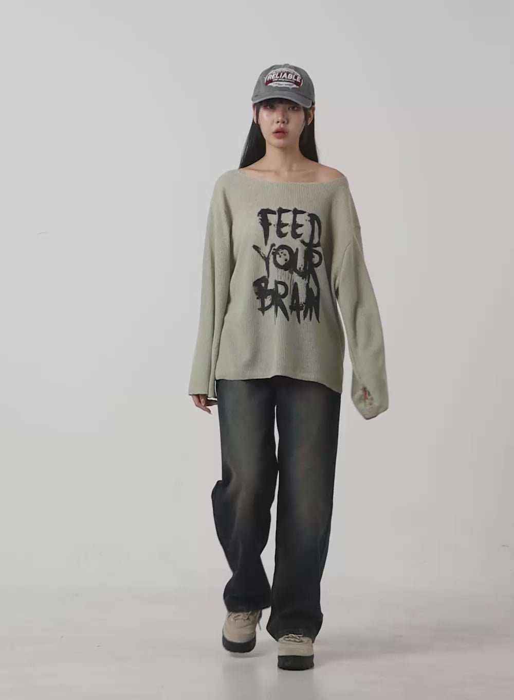 Lettered Boat Neck Off-Shoulder Knit OS410