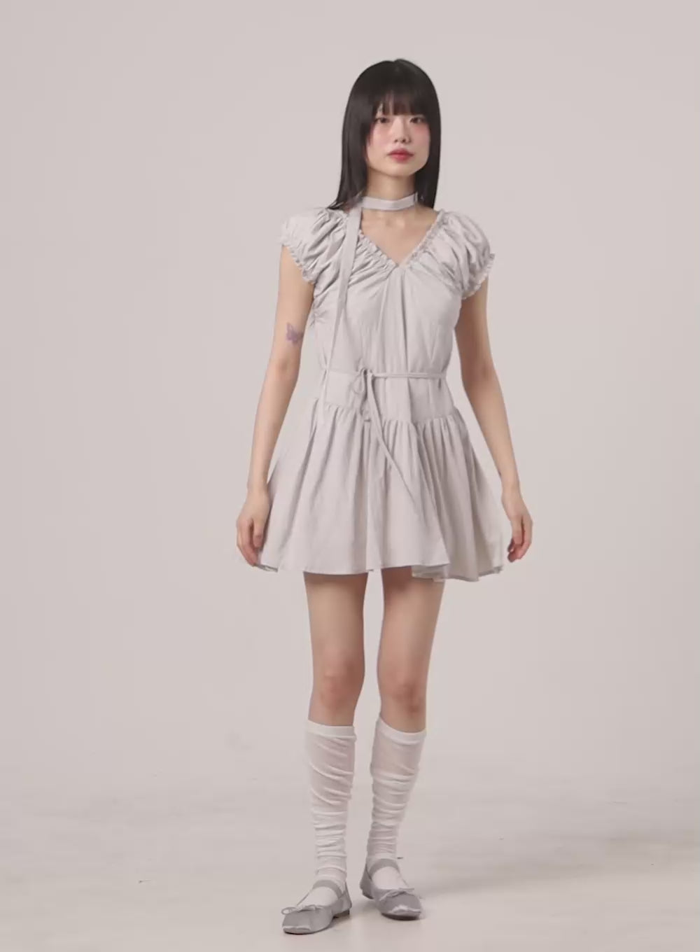 Shirred V-Neck Mini Dress CY428